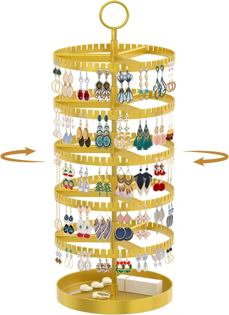 MODOWEY 5 Tier Rotating Earring Holder Organizer Display Tree with Metal Tray, Adjustable Plastic Stand with 285 Slots for Stud Hoop Hanger, Large Capacity Storage Rack for Women Space Saving, Gold - Image 1